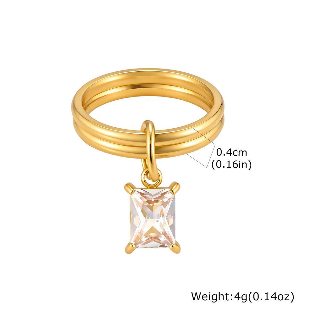 18K Gold Plated Waterproof Stainless Steel Dainty Drop CZ Stackable Ring for Women, Minimalist Double Row Dangle Rings Jewelry