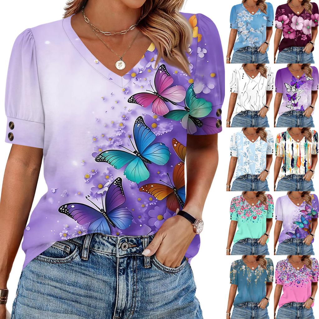 Womens Tops Short Sleeve Shirts Buttons V Neck Fashion Outfits Blouses Casual