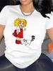 Little Girl with Red Dress and Yellow Hair and Raccoon Vibrant Cartoon Graphic Tee for Women Soft Round Neck Casual & Sporty