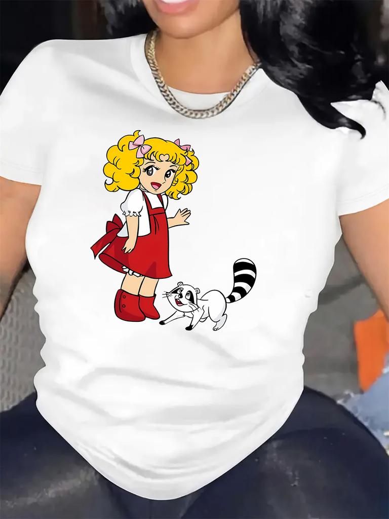 Little Girl with Red Dress and Yellow Hair and Raccoon Vibrant Cartoon Graphic Tee for Women Soft Round Neck Casual & Sporty