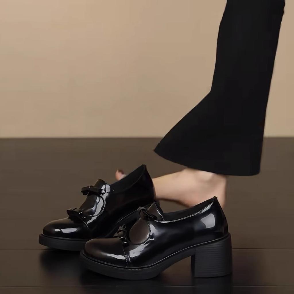 Soft cowhide~ Genuine leather bow thick heel small leather shoes women's spring new British black high heel loafers single shoes