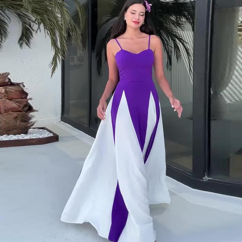 Summer European American Fashion Stitching Waist Slim Sling Dress