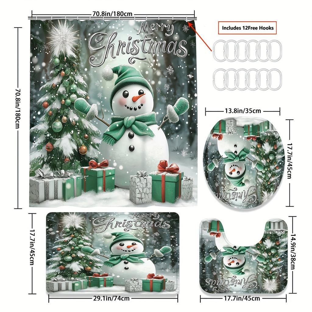 4Pcs Bathroom Shower Curtain Set Merry Christmas Winter Print Bathroom Curtain With 12 Hooks Non Slip Rugs Toilet Cover Mat Bathroom Partition