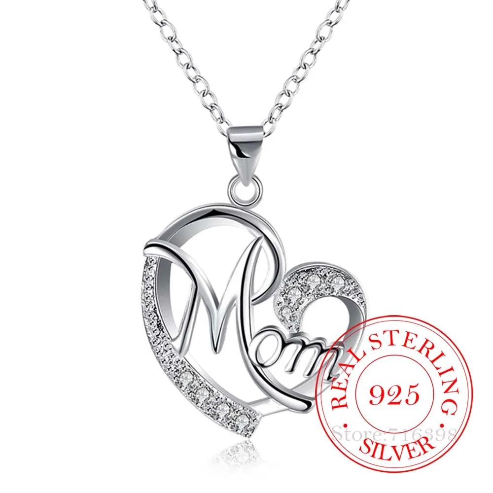 Letter Mom 925 Sterling Silver Fashion AAA Zirconia Crystal Charm Loves Heart Necklace & Pendant Women Mother's Day Gift For Mum