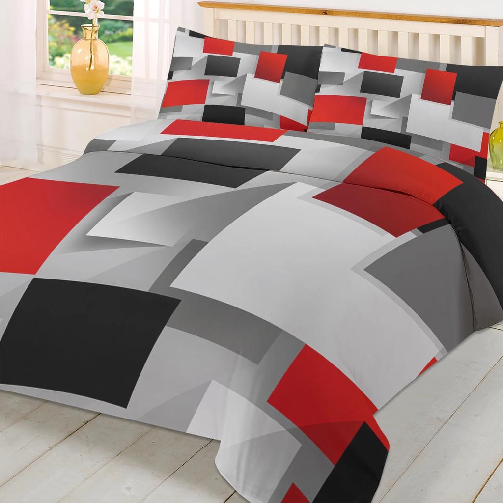 Geometric Red Black Gray Solid Abstract 3pcs Bedding Set For Double Bed Home Textile Duvet Cover Quilt Cover Pillowcase