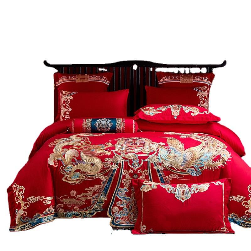 Satin Australian Cotton 200 Count Jacquard Wedding Four-piece Set Big Red High-end Luxury Wedding Multi-piece Set