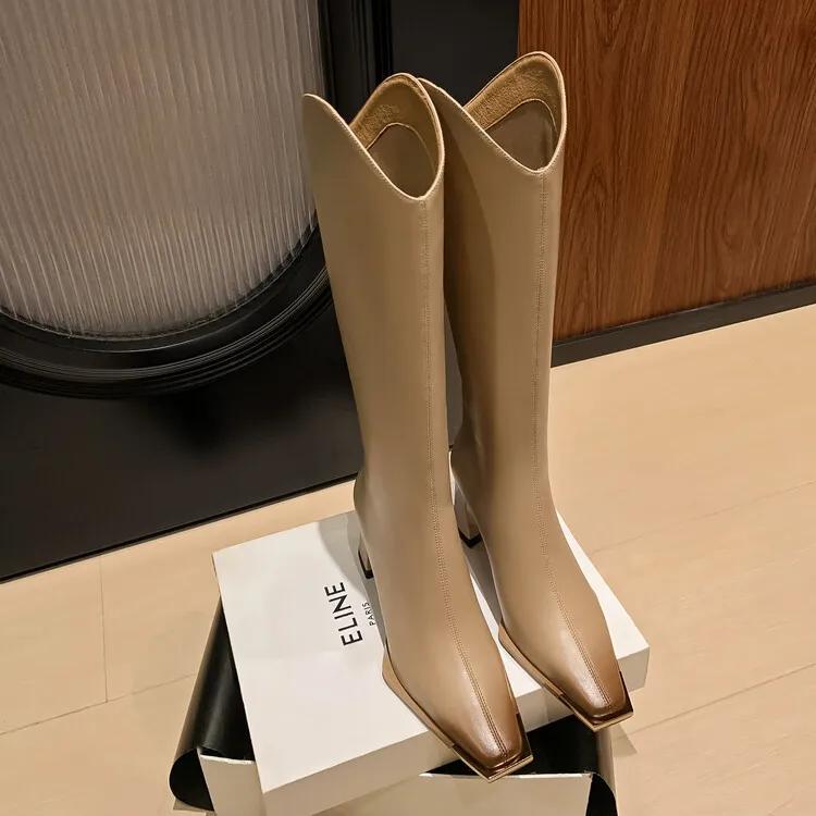 

Fashion 2025 New Winter Knee-High Boots for Women Square Toe Knight Boots Split Leather Women Boots High Heels Concise Boots De Mujer 40