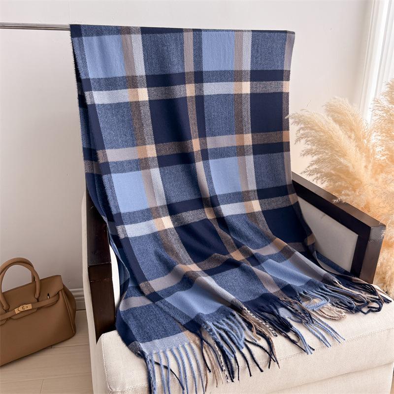

Korean Version Of Simple And Generous Imitation Cashmere Plaid Warm Shawl Scarf Autumn And Winter Classic Fashion Versatile Fringed Scarf Women 200X62cm (with tassel)