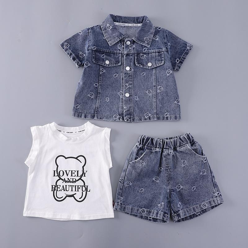 New Summer Outfit For Children: Stylish Girls' Denim Jacquard Short-Sleeve Three-Piece Set For Toddlers And Young Children