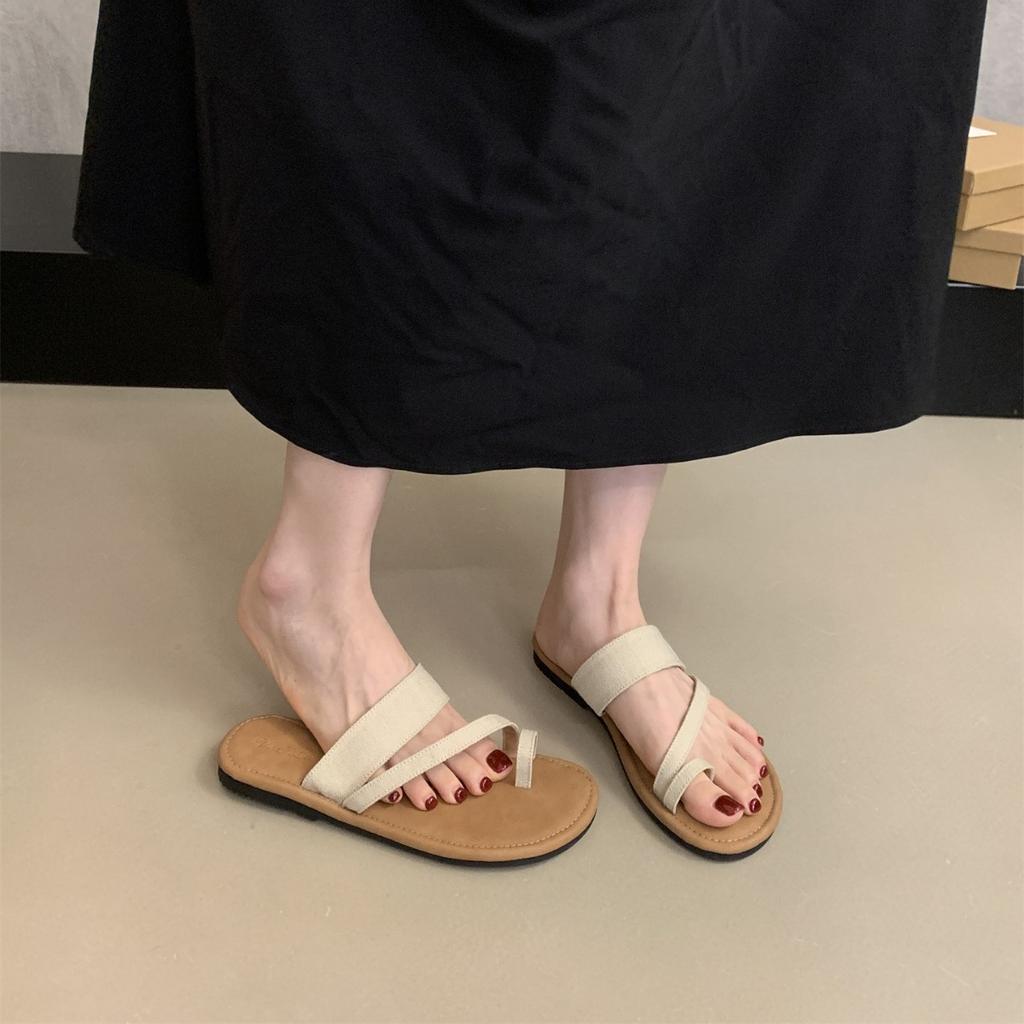 Super soft flat-bottomed linen slippers for women's outer wear summer new jacket toe sandals casual vacation beach seaside sandals
