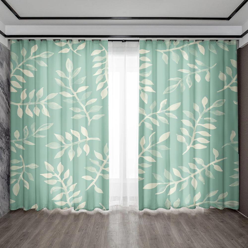 2PC Home Decoration Curtains With Blue-Green Leaves And Rod Pocket Curtains, Kitchen, Coffee Shop,Living Room, Balcony, Garden