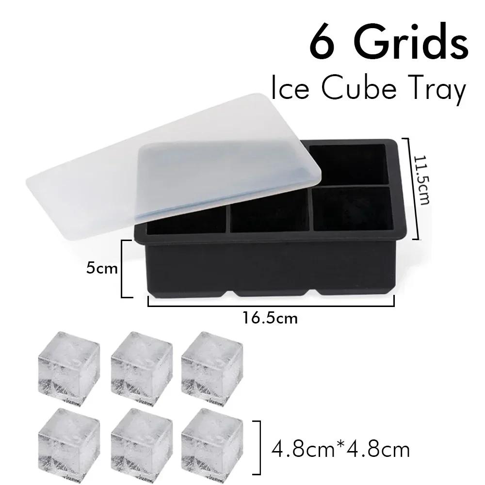 Ice Cube Tray with Lid Food Grade Silicone Large Ice Cube Mold 4/6/8 Grids Ice Ball Maker Ice Cube Tray for Kitchen Iced Coffee