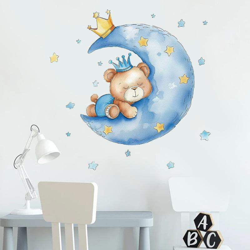 Moon Star Sleeping Bear Children's Room Sticker Living Room Bedroom Decoration Self-Adhesive Wall Sticker