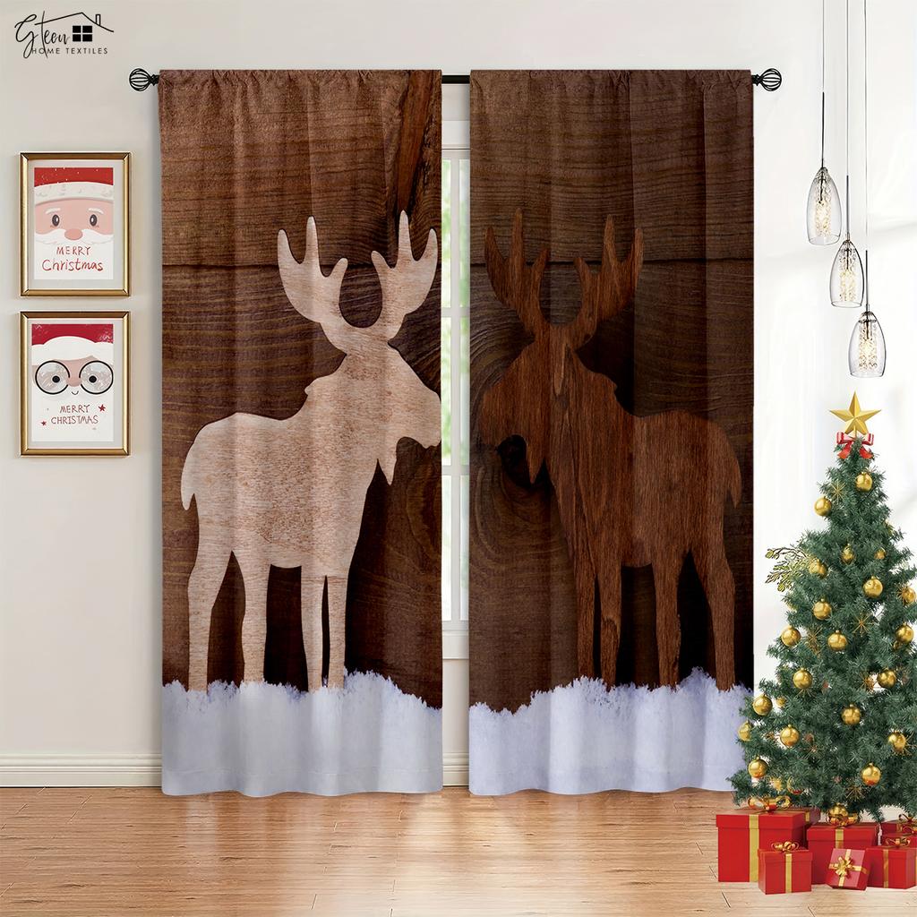 2-Piece Christmas Decor Drapes Fireplace Christmas Tree Cartoon Print Design Bedchamber Dining Room Party Decoration Curtains