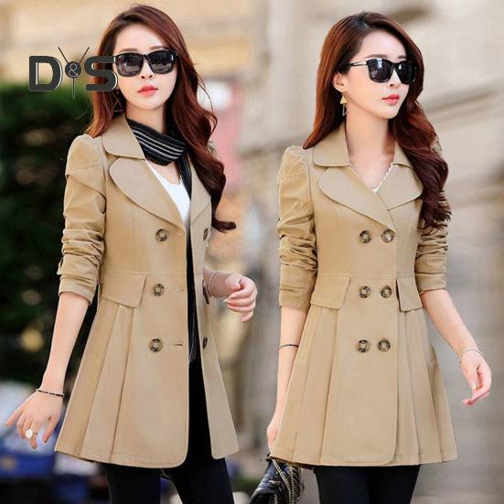 Fall Winter Women Jacket Double Breasted Lapel Mid Length Solid Color Pleated Long Sleeve A Line Tight Waist OL Commute Style Lady Jacket Trench Coat