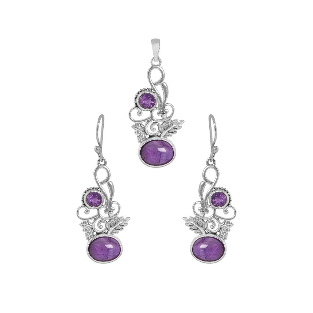 Amethyst Silver Pendant Earring Set, 925 Sterling Silver Handmade Jewelry, February Birthstone Jewelry, Dangle Earring An0448-185