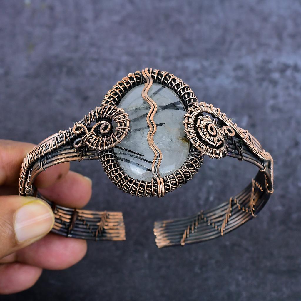 Natural Black Rutile Gesmtone Copper Wire Wrap Cuff Bangle Adjustable Y1D83