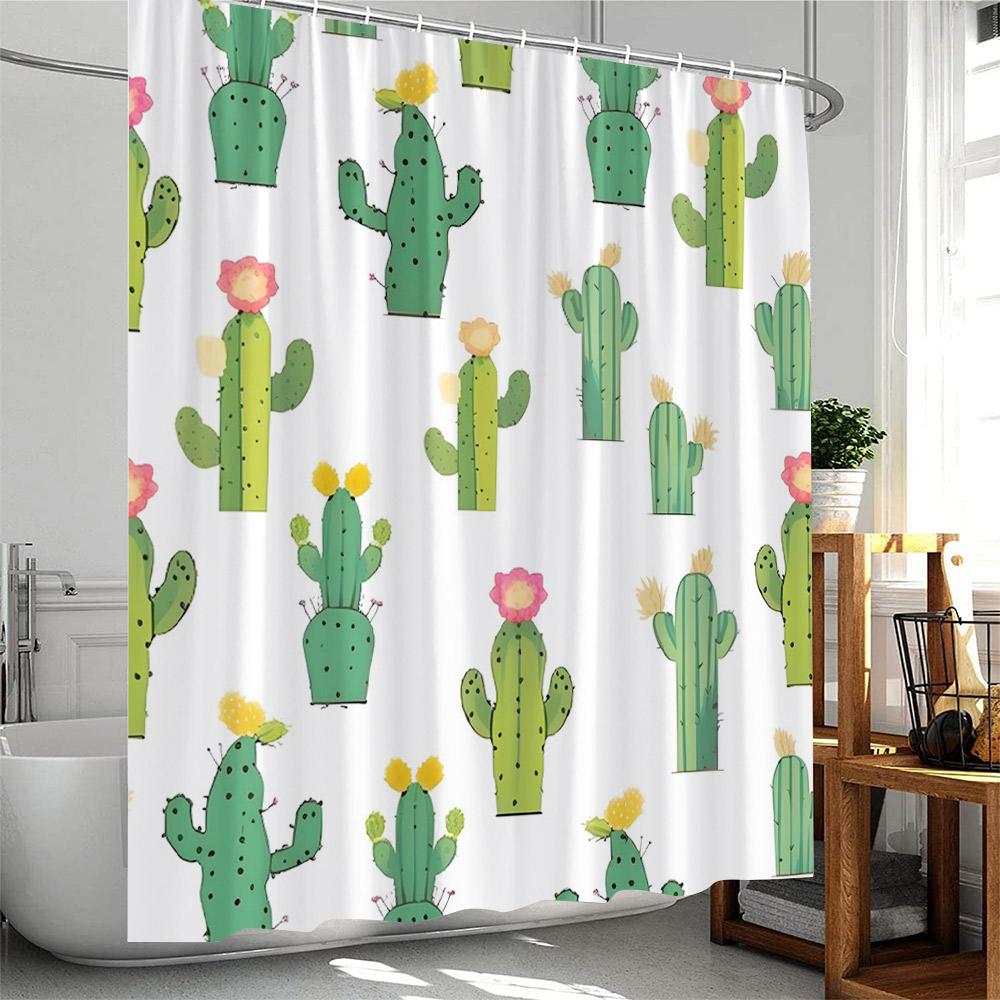 Mexican Style Shower Curtains Cartoon Tropical Plants Cactus Bathroom Decor Polyester Fabric Bath Curtain with Hooks Washable