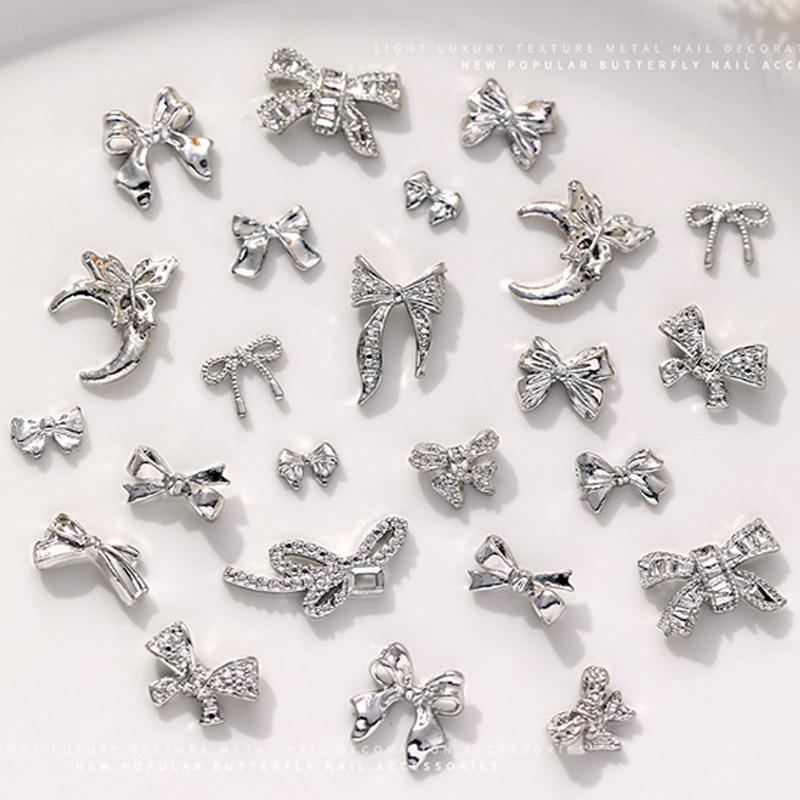10Pcs Silver Alloy Nail Art Bow Charms Accessories Parts For Manicure Decorate Retro Nails Decoration Design Supplies