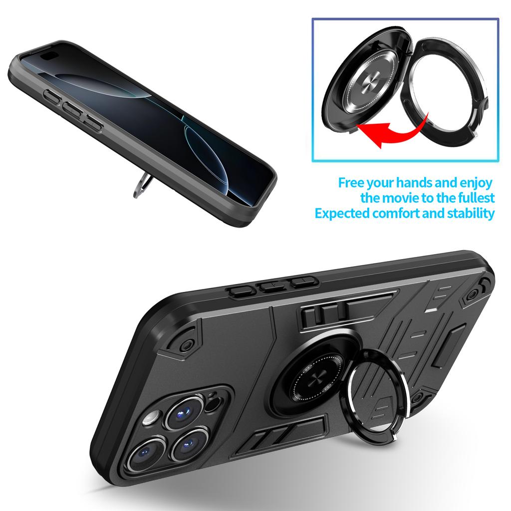 For iPhone 16 Pro Case with Ring Holder Kickstand PC + TPU Anti-Fall Phone Cover