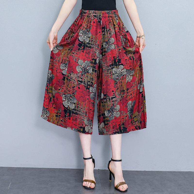 Letní kalhoty se širokými nohavicemi pro ženy Elegantní nadměrné velikosti Ležérní Elastický pas Sukňové kalhoty Vintage oblečení