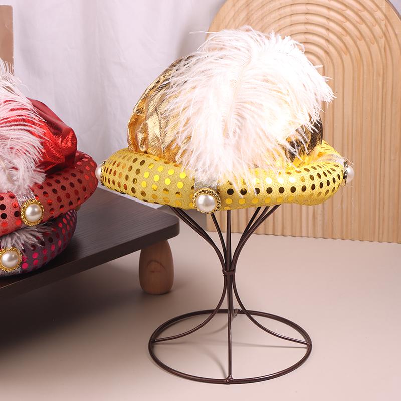 

Aladdin Hat Mythical Character Play Cap Men Sultan Headwear Ethnic Style Feather Costume жовтий