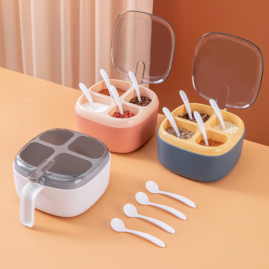 Seasoning Box Portable Jar with Spoons Pepper Spice Sugar Pot Storage Organizer Container Transparent Lid Home Refrigerator