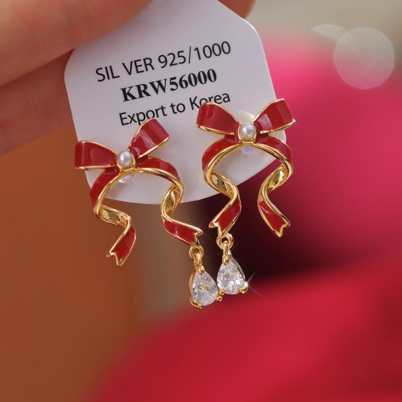 Elegant Butterfly Knot Dangle Earrings With Ribbon Zircon Drops Women Korean Sweet Style Mid-Length Studs