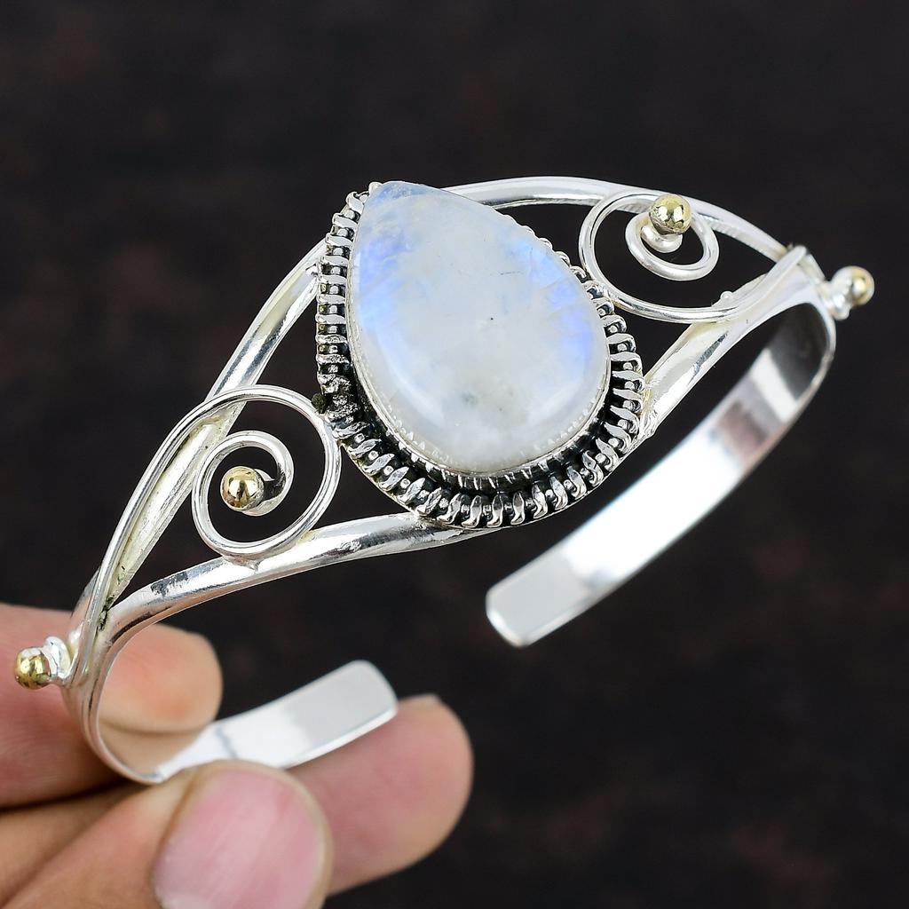 Rainbow Moonstone Bangle Handmade Gemstone Cuff 925 Sterling Silver Bangle Moonstone Jewelry 18K Gold Plated Adjustable Bangle Wedding Gift