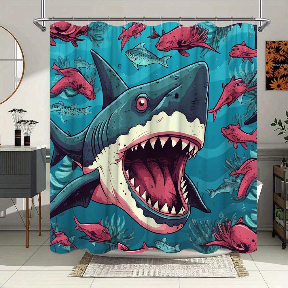 1Pc Shark Bath Curtain Playful Cartoon Style With Big Tooth Predator Pink Eyes Small Red Fish Coral Reefs Underwater Ocean Scene