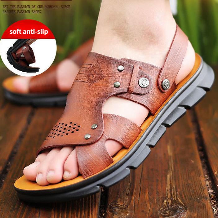 Sandály z hovězí kůže Pánské plážové boty Letní řízení Prodyšná Pánská móda Protiskluzové Pantofle z pravé kůže z mikrovlákna Pánské