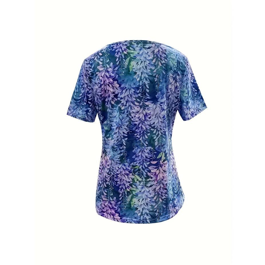 Plus Size Casual T-shirt, Women's Plus Colorful Butterfly Print Short Sleeve V Neck Medium Stretch Top