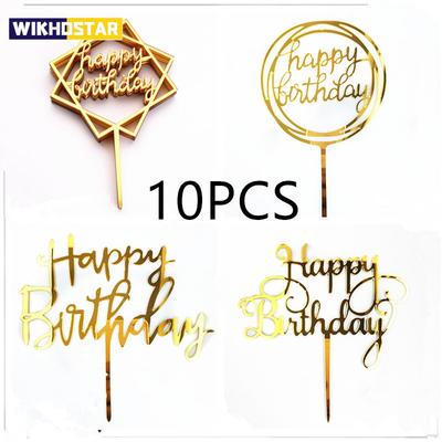 10 ks Rose Gold Happy Birthday Topper na dort Stříbrný černý Jednoduchý design Akrylové toppery na dort Baby Shower Party Dezertní dekorace