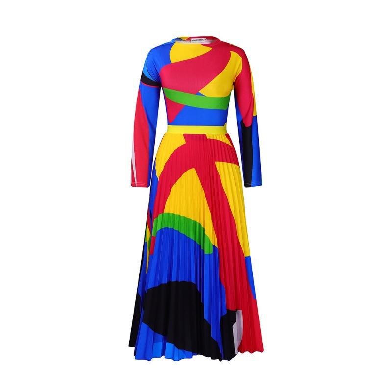 Autumn pleated print contrasting color suit long-sleeved top fashion skirt two-piece set