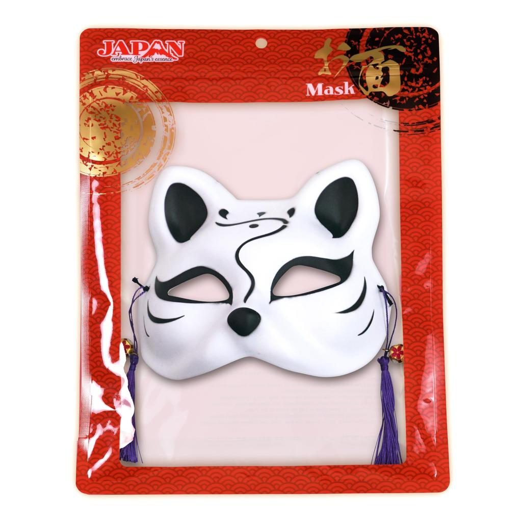 Clearstone Japanese-Style Cat Mask, Half-Face, Black and White Brush, Unisex, White