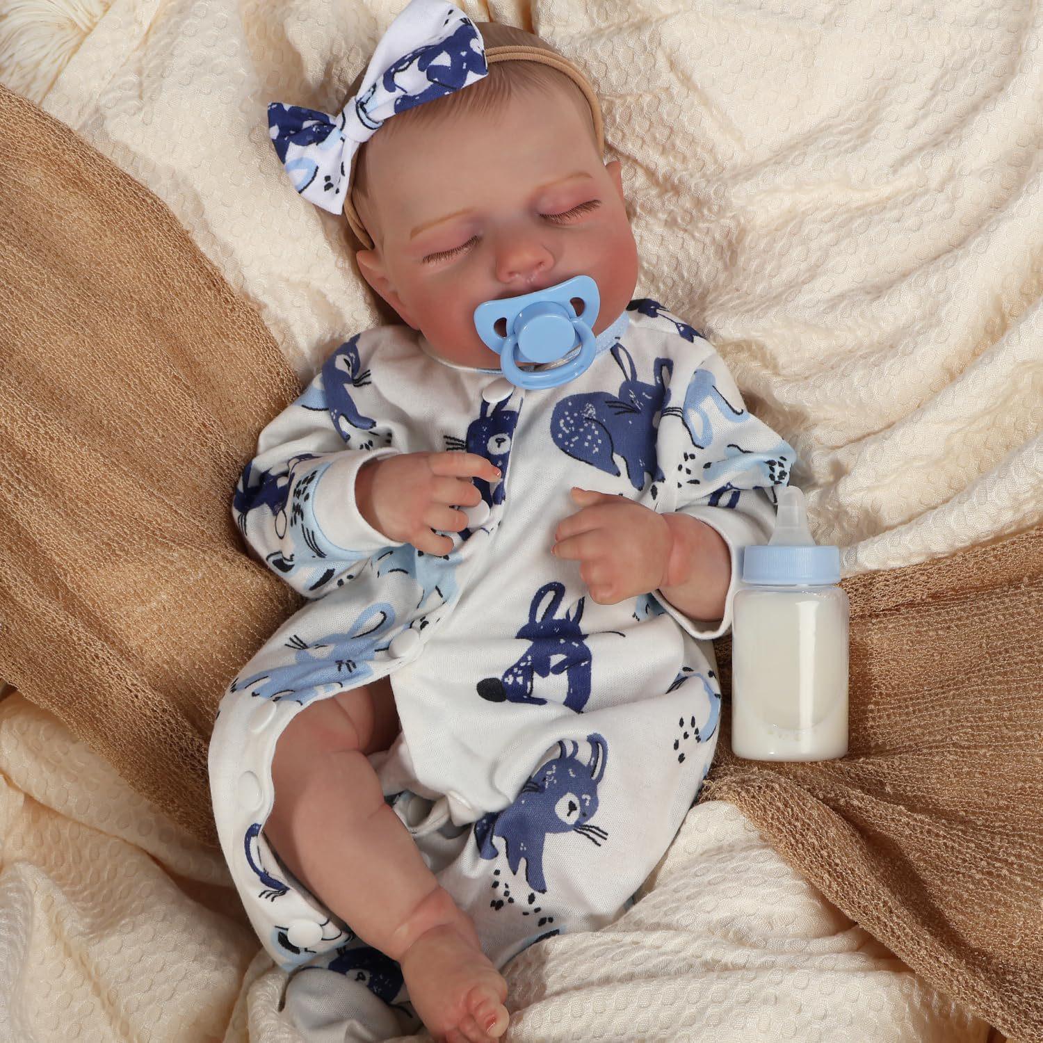 

Hand-Painted 3D Reborn Doll Loulou - Blue & White Simulation Baby 18 inch