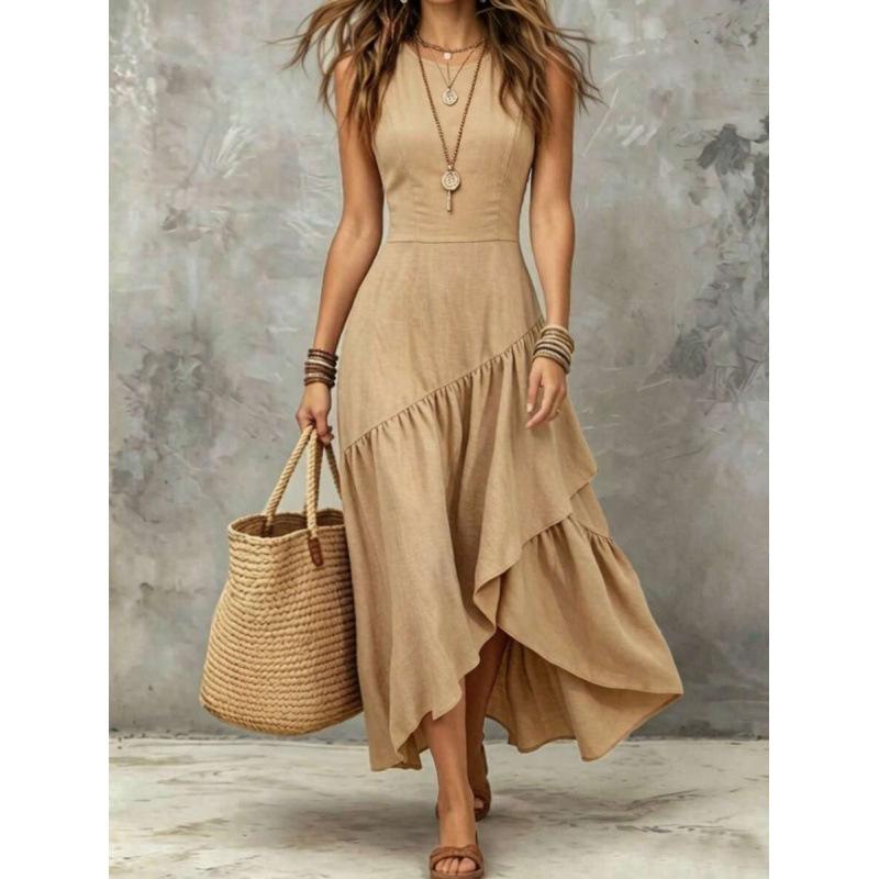 French temperament thin irregular ruffle edge design sense square neck sleeveless waist dress women S абрикосовый