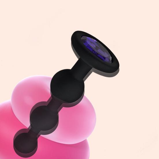Silicone Anal Beads Butt Stopper 4.2 Inch Three Ball Anal Chain Training Toy with Purple Rhinestone Adult Sex Toy for Male Female Couple Play