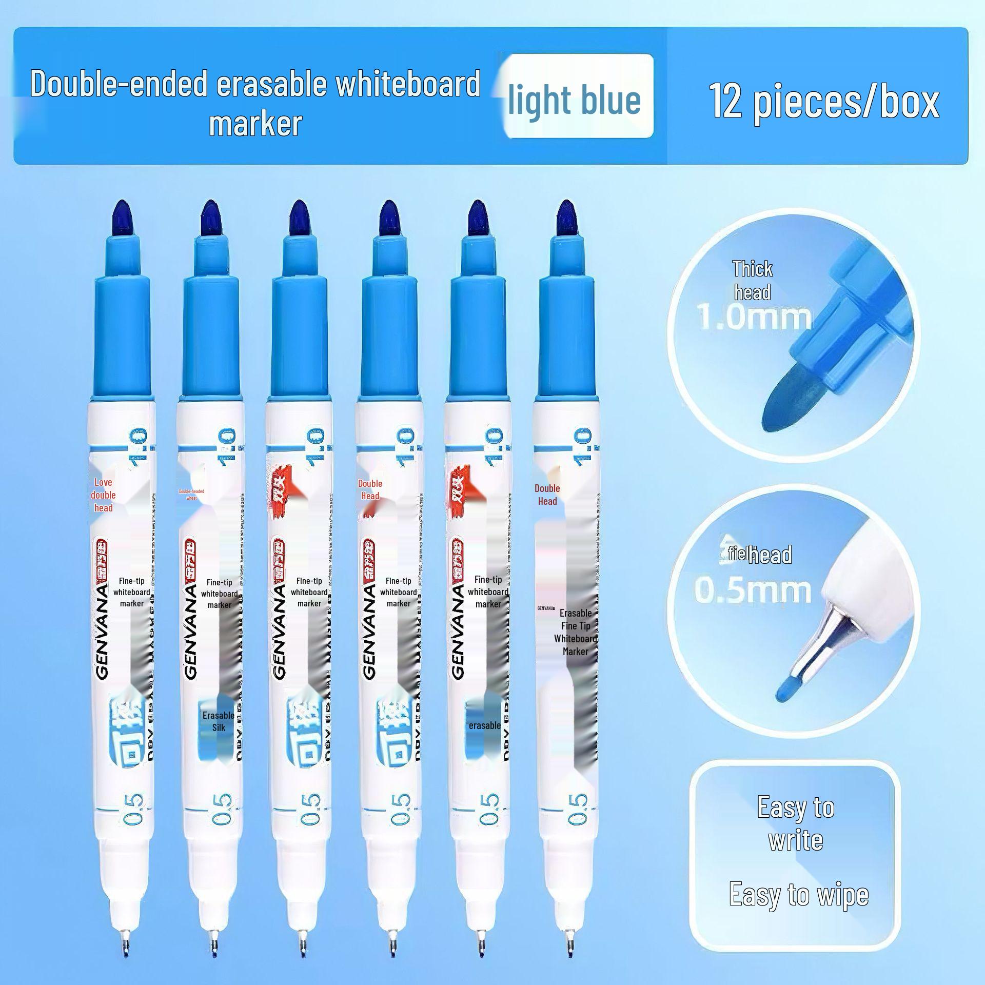 Jin Wannian Dual-Tip, Dual-Color 12-Pack Erasable Fine Tip Whiteboard Markers (0.5/1.0mm) for Kids’ Drawing Boards