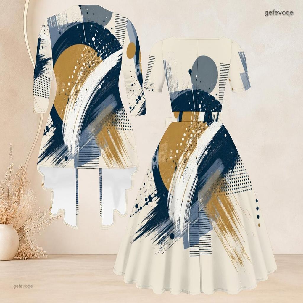Women Plus Size Abstract Printed Two Piece Set Long Sleeve Cardigan Square Neck Short Sleeve Tie Waist Flared Dress