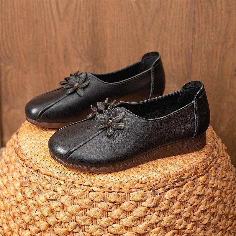 Autumn new leather mother shoes flat heel wedge heel retro flower deep mouth beef tendon sole medium and old single shoes