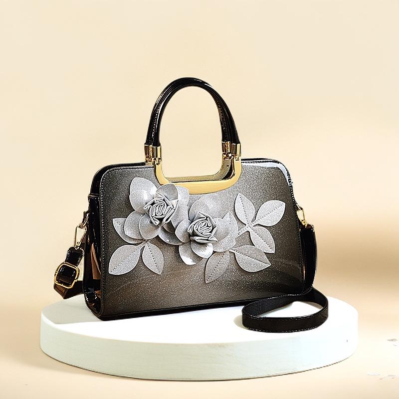 Gradient Color 3D Applique Glossy Patent Leather Shoulder Tote Crossbody Bag