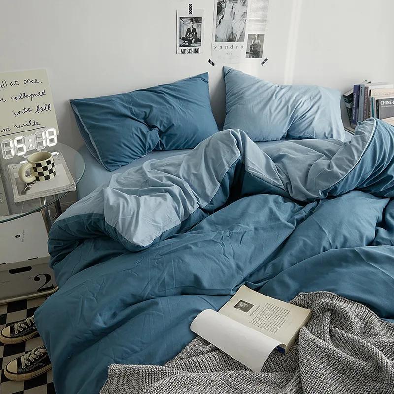 Fashion Solid Color Bed Sheet Style Duvet Cover Set Ab Double-Sided Color Matching Comfortable Sets Washed Cotton Bedding