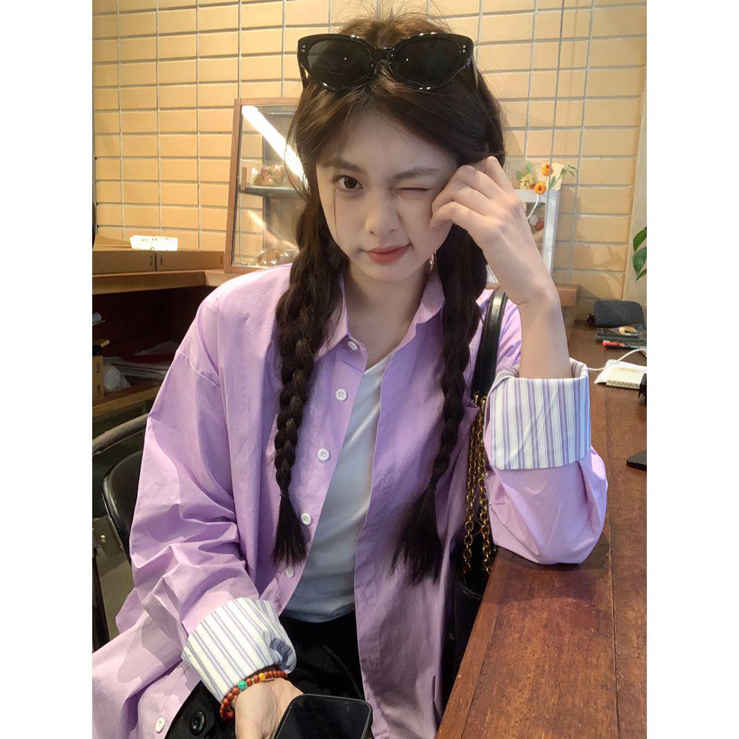 

Женская фиолетовая рубашка пэчворк в полоску с воротником поло и длинным рукавом - Универсальная, свободная, повседневная для весны, лета и осени Extra Extra Large фиолетовый