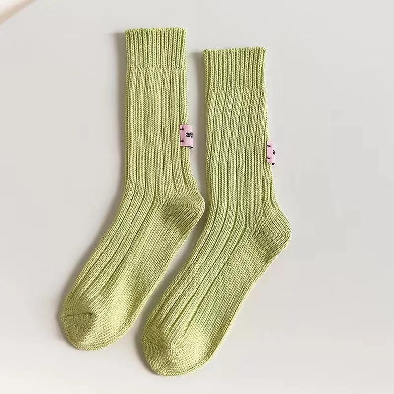 

Autumn Winter Trendy Unisex Couple Sports Retro Stacked Socks Pure Cotton Chunky Knit Mid Crew Solid Color Pink Tag One Size зелений