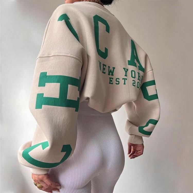 Women Casual Print Pullover Sweatshirt Stylish Loose Thick Long Sleeve Top