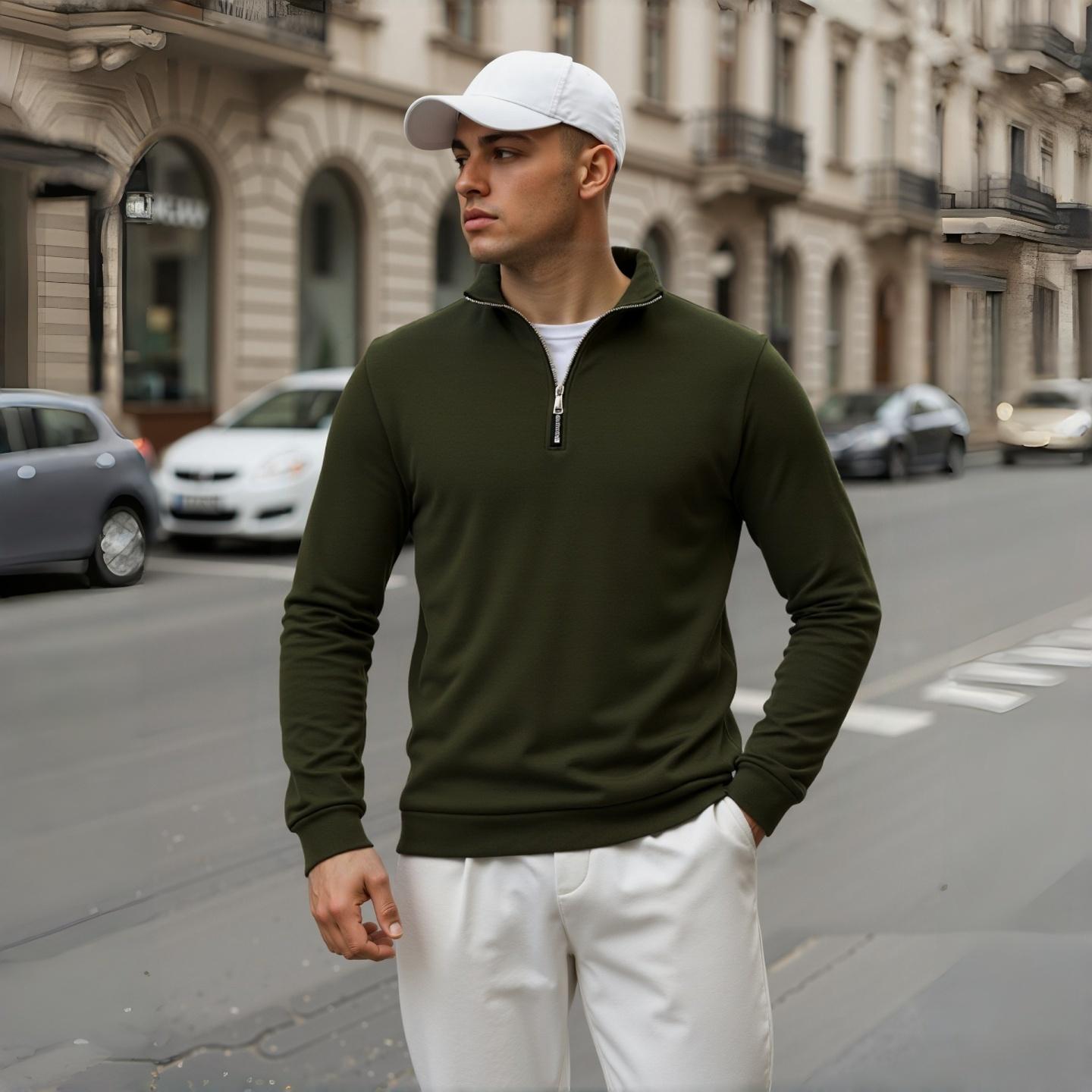 

Мужской пуловер с молнией до середины груди - Однотонный с длинным рукавом, повседневный топ, приталенный, толстовка с половинной молнией для осенне-зимней верхней одежды XL армия зеленый