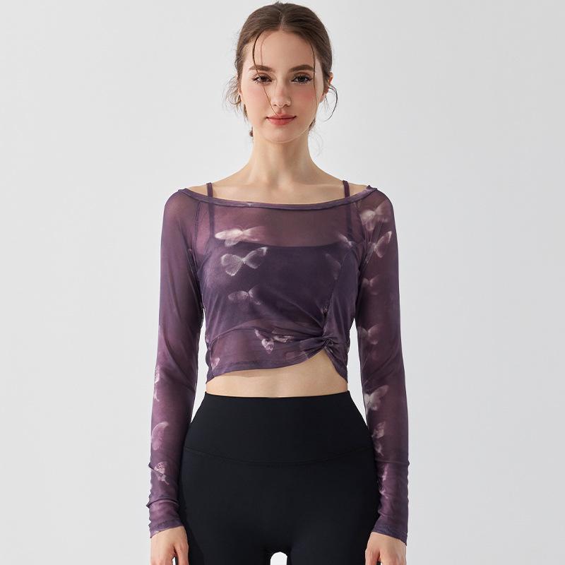 

Cross-Strap Butterfly Print Mesh Long Sleeve Top with Chest Pads for Pilates Dance Large