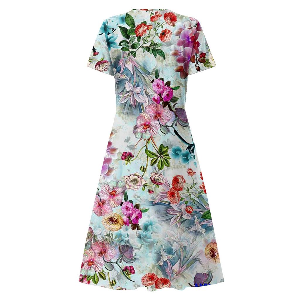 Damen-Frühlings- und Sommermode, V-Ausschnitt, kurzärmelig, Blumenmuster, lockerer Saum