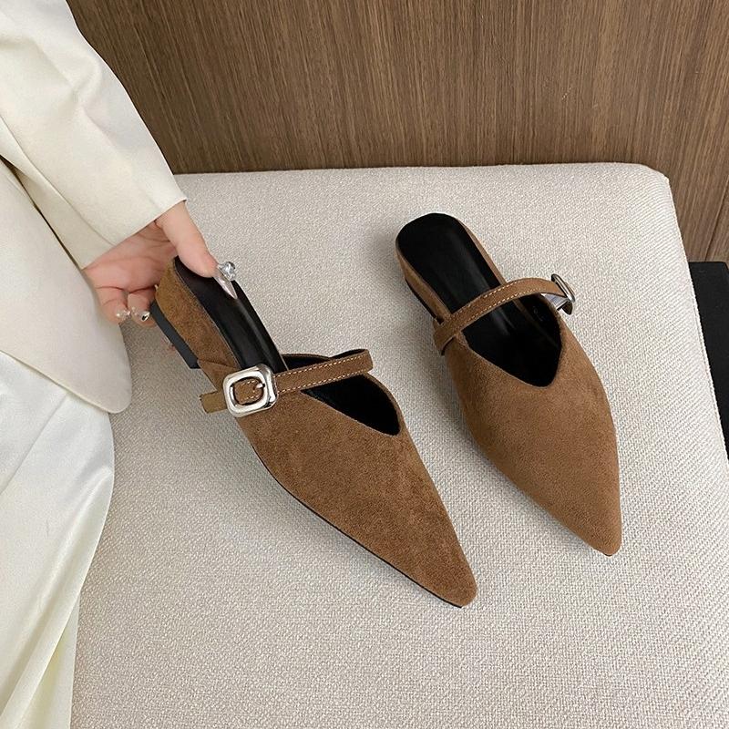 Baotou Slippers Autumn New Pointed Toe Shallow Mouth One Belt Soft Sole Non-slip Low-heeled Shoes